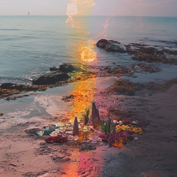 Ein Strand mit Blumen und brennenden Räucherkegeln im Sand, vor einem Ozean mit einer kleinen Felseninsel darin, bei Sonnenuntergang, von oben aufgenommen, surreal, hyperrealistisch, filmisch.