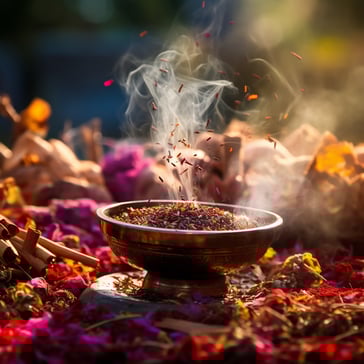 Eine metall Schlüssel gefüllt mit getrockneten Kräutern, es steigt weisser Rauch daraus auf, um die Schüssel lherum leigen getrocknete Blüten, herbstliches Licht