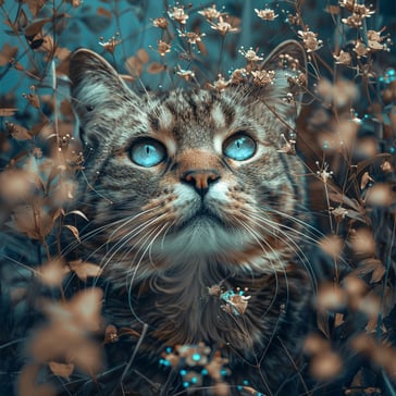 Eine wunderschöne beige-braune Katze mit hellen blauen Augen schaut hoch zum Himmel und ist umgeben von beigen Blumen und Blüten, blauer Hintergrund
