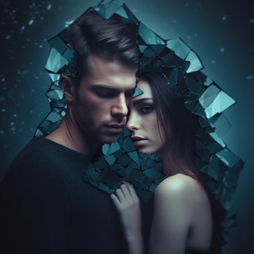 Ein junges päarchen stehen nahe zusammen sie hat die hand auf seiner brust, sie stehen vor grünem hintergrund der um das paar herum zerbrochen ist, die gesichter schauen sehr bedrückt aus