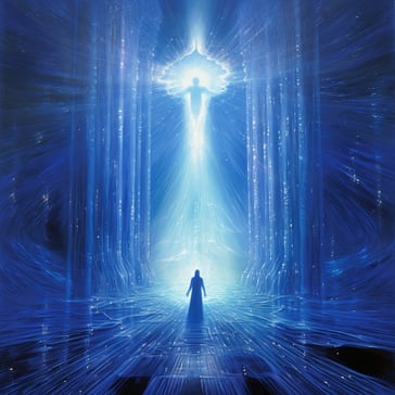 Eine Frau steht vor einem blauen Tor mit einer spirituellen Wesenheit die oben in der Toröffnung schwebt, es strahlt hellblaues Licht heraus, im ganzen blauen Raum schwirren blaue Energie bahnen umher