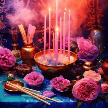 Eine Kupferfarbene Schale in der lange pinke Kerzen stecken umgeben von rosen, Räucherstäbchen, anordnung eines altars, umgeben von rosarotem Rauch