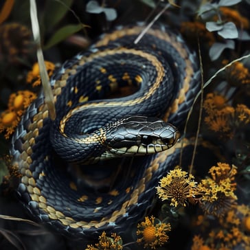 Eine schöne schwarz goldene Schlange auf gelben Blumen, der Kopf ist erhöht und sie sieht einen mit einem Auge an seitwärts