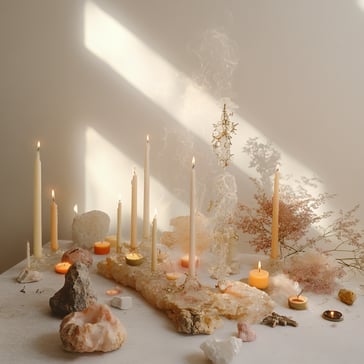 Ein Tisch mit Kerzen und Kristallen, die in einer organischen Form angeordnet sind und sanfte Schatten an die Wand dahinter werfen. Die Szene wird von mehreren Kerzen in warmes Licht getaucht und durch das Fenster fällt Sonnenlicht. Rituale Meditation