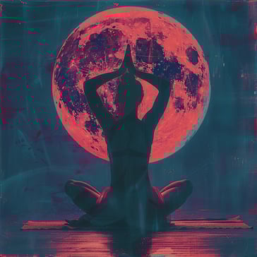 Eine junge frau sitzt auf dem Boden im Schneidersitz vor dem Mond in einer Yoga position, sie hält die Hände über dem Kopf zusammen gefaltet, der Mond ist in Rot die anderen Farben sind in blau und grün, es wirk wie eine Illustration