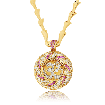 Amulett in Gelbgold mit Saphiren, Brillanten und Perlmutt, angefertigt auf Kundenwunsch von der Goldschmiede OBSESSION Zürich und Wetzikon