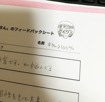 グループメンバーが描いてくれた私の似顔絵らくがき