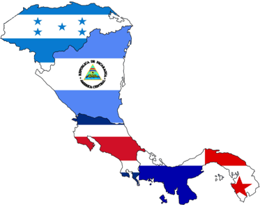 Geografische Karte kombiniert mit den Nationalflaggen von Panama, Costa Rica, Nicaragua und Honduras.
