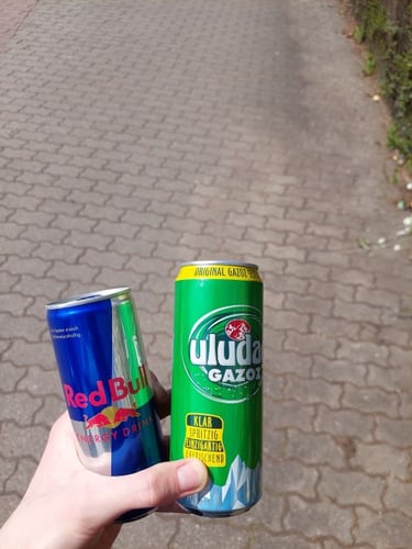 Foto einer Hand die zwei Getränkedosen hält, eine Zitronenlimonade und einen Energydrink