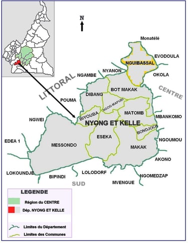 Le Département du Nyong et Kellé (en rouge) et les autres départements de la région du Centre (en jaune) sur la carte administrative du Cameroun