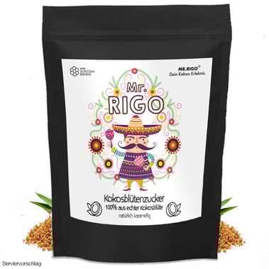 Kokosbluetenzucker Dose mit Kokosnuss und braunem Zucker