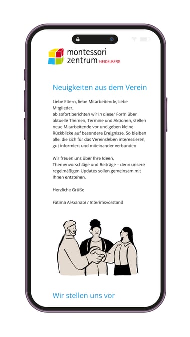 Mockup eines Smartphone-Newsletters des Montessori Zentrums Heidelberg – Beispiel für Kommunikations- und Medienarbeit zur Sichtbarkeit des neuen Standorts