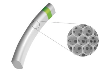 Miniject. Rechts das patentierte Starflow STAR Material mit Mikroporen zwischen allen Kammern des Stents