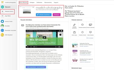 Das Dashboard von Wix