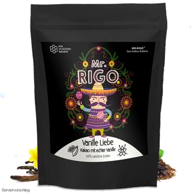 Vanille Kakaopulver Trinkschokolade Dose mit Vanilleblüte und Kakaobohnen