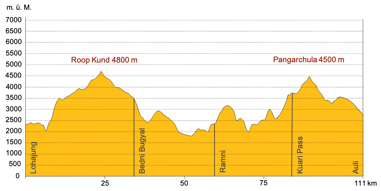 Höhenprofil Trekking Indien Yumthang-Tarum Chu