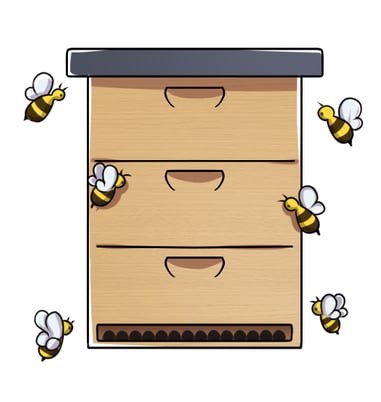 Illustration dessinée à la tablette graphique d'une ruche traditionnelle entourée d'abeilles très mignonnes en plein vol