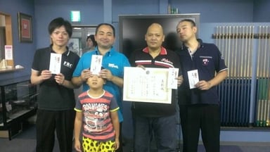 九州10ボールオープン入賞者左から、3位正崎、優勝北谷（英）、2位ペレス、3位北谷（好）