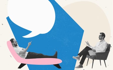 Illustration eines therapeutischen Gesprächs zwischen zwei Personen – stilisiert dargestellt für den Bereich Gesundheitswesen und Psychologie.