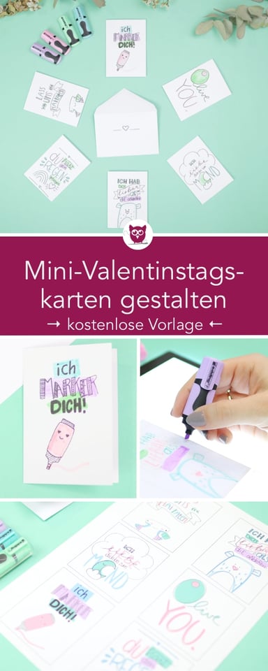 [Werbung] Mini Valentinstagskarten gestalten mit den edding Mini-Highlightern. Lustige und süße Sprüche Handlettering mit kostenloser Druckvorlage zum Abpausen oder Ausmalen. Perfektes keines Geschenk zum Valentinstag. Anleitung von DIY Eule.