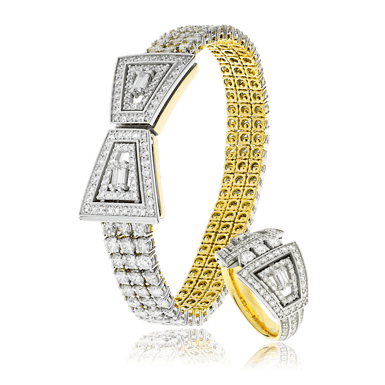 Art Deco Armband mit passendem Ring in Weiss-und Gelbgold mit Diamanten, angefertigt auf Kundenwunsch von Goldschmiede OBSESSION Zürich und Wetzikon
