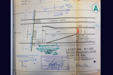 Genehmigungszeichnung zur Errichtung eines Anbaus am Speditionsschuppen der Fa. Albert Mann am Bahnhof Yorckstraße vom 11. Juni 1969. 