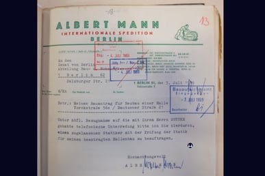 Schreiben vom 3. Juli 1969 der Fa. Albert Mann. Bitte um Zuteilung eines Statikers für den beabsichtigten Anbau an den Speditionsschuppen am Bahnhof Yorckstraße.