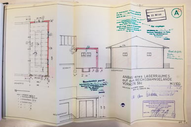 Genehmigungszeichnung zur Errichtung eines Anbaus am Speditionsschuppen der Fa. Albert Mann am Bahnhof Yorckstraße vom 31. Juli 1969. Zeichnung der Gebäude.