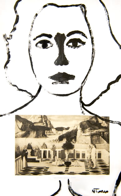 Elizabeth Taylor, acrylic on two pages from a 1932 Paris art auction catalogue