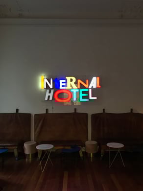 INTERNAL HOTEL, Vintage lighting letters on acrylic plate, 100 x 200 cm, 2019 (Installation view: Solo show INTERNAL HOTEL, Ho Gallery, Vienna, Austria / 2019)