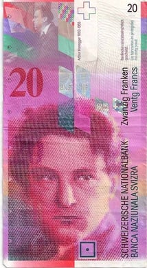 Billete de 20 francos suizos con el rostro de Honegger, 1996.