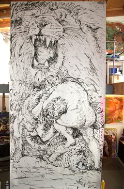 Hercule et le Lion de Némée, acrylique sur papier, 400 x 200 cm, 2011
