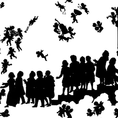 "Anton Bruckner llega al cielo". Bruckner es recibido por (de izquierda a derecha): Liszt, Wagner, Schubert, Schumann, Weber, Mozart, Beethoven, Gluck, Haydn, Handel y Bach. (Otto Böhler).