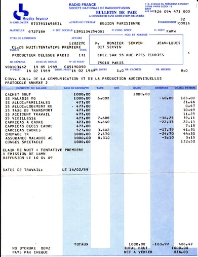 Bulletin de paye de SERVIN  par RADIO FRANCE