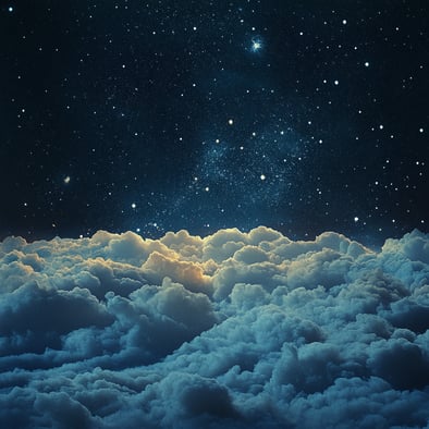 Ein sternenklarer Nachthimmel mit Wolken, der eine ätherische und verträumte Atmosphäre schafft. Die Sterne funkeln über den weichen weißen Wolken und verleihen der Szene Tiefe. Digitale Illustration, die die Schönheit des Naturwunders von oben einfängt. 