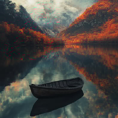Ein kleines Holzboot schwimmt auf dem See, umgeben von Bergen mit rotem Laub und nebligen Wolken. Das Wasser spiegelt die umliegende Landschaft wider und schafft eine Atmosphäre der Ruhe und des Geheimnisses. Hochauflösende Fotografie