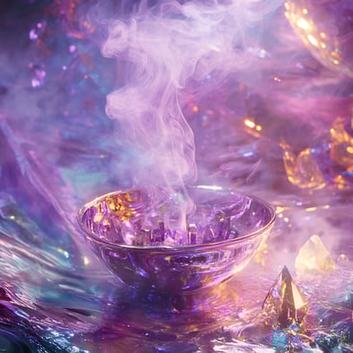 Eine mit Rauch gefüllte Kristallschale, umgeben von leuchtenden Kristallen und schimmernden Lichteffekten. Die Szene ist in violette Farbtöne getaucht, was eine ätherische Atmosphäre schafft, die die mystische Atmosphäre des Schauplatzes verstärkt.