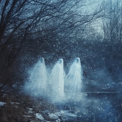 Drei leuchtende Geister stehen im Schnee, umgeben von Bäumen und einem nebligen Fluss. Eine Fantasy-Fotoszene mit traumhafter Atmosphäre vor einem Winterwaldhintergrund mit sanfter Beleuchtung.