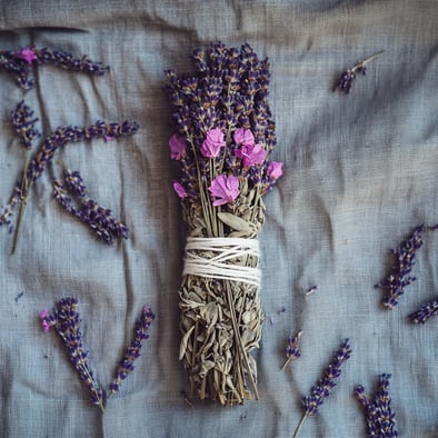 Ein mit Bindfaden gebundenes Räucherbündel aus Lavendel und Rosen auf einem grauen Leinenhintergrund, um den herum einige getrocknete Blumen verstreut sind.