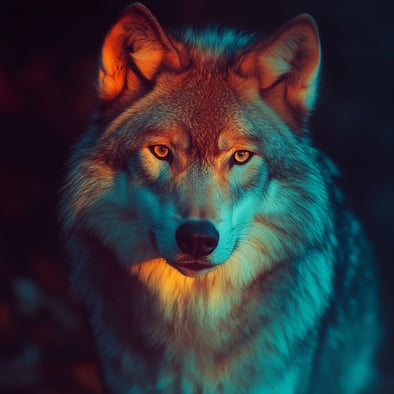Porträt eines Wolfes mit nächtlichem Hintergrund und blauem und orangefarbenem Licht im Gesicht. Der Wolf hat türkisfarbene Augen und blickt mit hoher Detailgenauigkeit direkt in die Kamera.