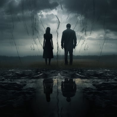 Ein Paar steht nebeneinander vor dem dunklen Fluss uns mit dem Rücken zugewandt, apokalyptische Stimmung, im Stil des übernatürlichen Realismus, Tenebrismus-Effekte, matschig, pastoral, gefangene Emotionen dargestellt, Erzählsequenzen, sich auflösend