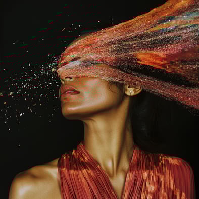 Eine wunderschöne Frau, deren Kopf mit bunten Glitzerstreifen bedeckt ist, ihr Haar ist lang und wallend. Ihr Gesicht wirkt ausdruckslos. Sie trägt ein rotes Kleid vor schwarzem Hintergrund. Dies ist ein hyperrealistisches, sehr detailliertes Foto.