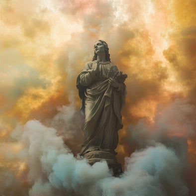 Auf den Wolken steht eine Marienstatue aus Marmor, mit sanftem Licht und Farben, einem goldenen Himmel mit Orangetönen und Rauch, der sie umgibt. Dies ist ein hyperrealistisches Foto, im Stil fotorealistischer Kunst