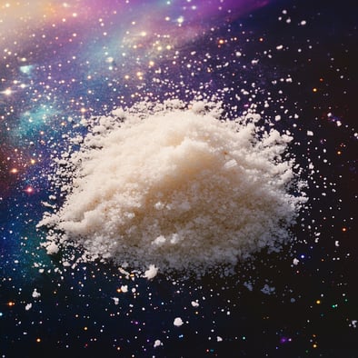 Ein Haufen Salz in der Mitte eines Weltraumhintergrunds, umgeben von winzigen Sternen. Die Farbpalette ist lebendig und hell, und auf dem Puder ist ein dezentes Sternenlicht verstreut, das allem, was funkelt