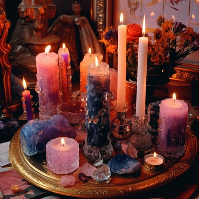 Ein Altar mit schönen brennenden Kerzen in verschiedenen Grössen auf einem grossen Goldteller, umgeben von Blumen und Steinen und Gold oder Bronze Metall Statuen oder Kerzenhalter