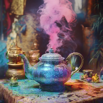 Foto einer verzierten Teekanne, aus der bunter Rauch austritt, umgeben von goldenen und silbernen Gegenständen, leuchtenden Farben und farbenfroher Beleuchtung. Im Hintergrund steht Aladdins Wunderlampe auf einem antiken, mit Staub und buntem Puder bedeck