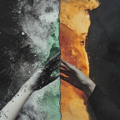 Eine Collage aus zwei einander zugewandten Händen, eine Hand ist mit schwarzem Pulver und die andere mit grünem Kreidestaub bedeckt, vor einem abstrakten Hintergrund, der von dunklen zu hellen Tönen übergeht. Die Farben Orange, Gelb, Weiß und Grau