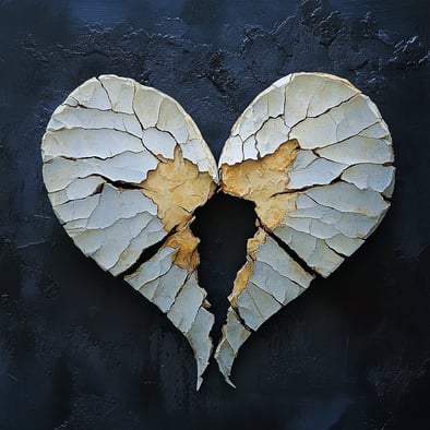 Eine gebrochene herzförmige Form aus weißem, rissigem Ton, vor einem dunklen Hintergrund. Ein hyperrealistisches Ölgemälde.