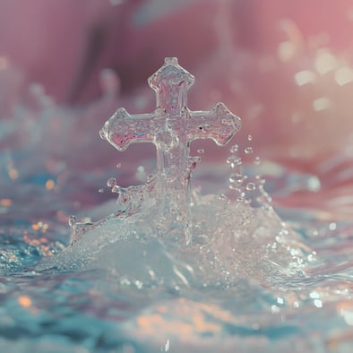 Wasser plätschert um ein Kristallkreuz mit rosa und blauem Hintergrund und erzeugt eine ätherische, verträumte und neblige Filmszene mit Bokeh-Effekt. Das sanfte Licht hebt die Wassertropfen und Spritzer im Vordergrund hervor.