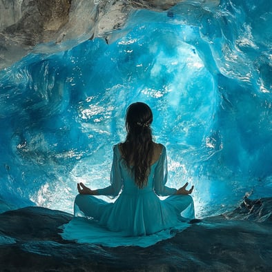 Foto einer Frau in einem weißen Kleid, die in einer blauen Eishöhle meditiert, hinter ihrem Rücken betrachtet. Ein blauer Schein umgibt die Szene. Sie sitzt mit gekreuzten Beinen auf einem Felsen und hat die Hände neben dem Kopf gefaltet.